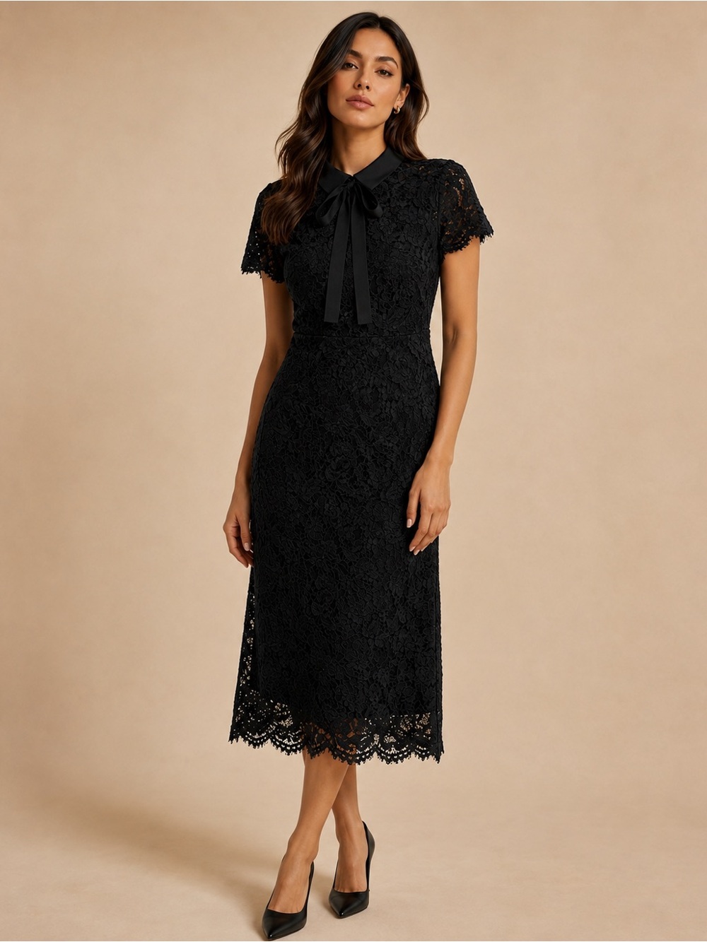 Fenn Wright Manson Black Lace Midi Dress with Satin Bow